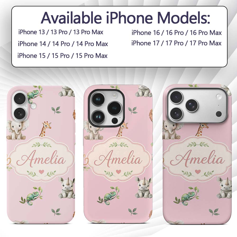 Safari Animals with Elephant Lion and Crocodile Custom Name Protective Phone Case Mobile Cover Durable Everyday Smartphone Shock Resistant