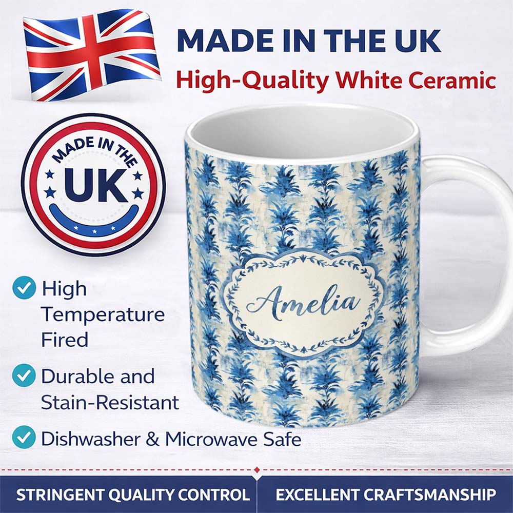 Personalized Custom Name Blue Tropical Leaf Watercolor Botanical Seamless Pattern Lovely 11oz Ceramic Coffee Tea Mug White Large Handle