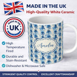 Personalized Custom Name Blue Tropical Leaf Watercolor Botanical Seamless Pattern Lovely 11oz Ceramic Coffee Tea Mug White Large Handle