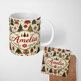 Personalized Custom Name Elegant Christmas Trees Red Green Gold Stars Ornaments Seamless 11oz Ceramic Coffee Tea Mug White Large Handle