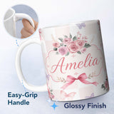 Personalized Custom Name Elegant Watercolor Rose Bouquet Ribbon Butterfly Pastel Check Lovely 11oz Ceramic Coffee Tea Mug White Large Handle