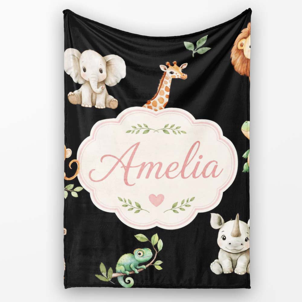 Safari Animals with Elephant Lion and Crocodile on Light Grey Lovely  Personalised Custom Name Super Soft Fleece Blanket Bed Sofa Throw