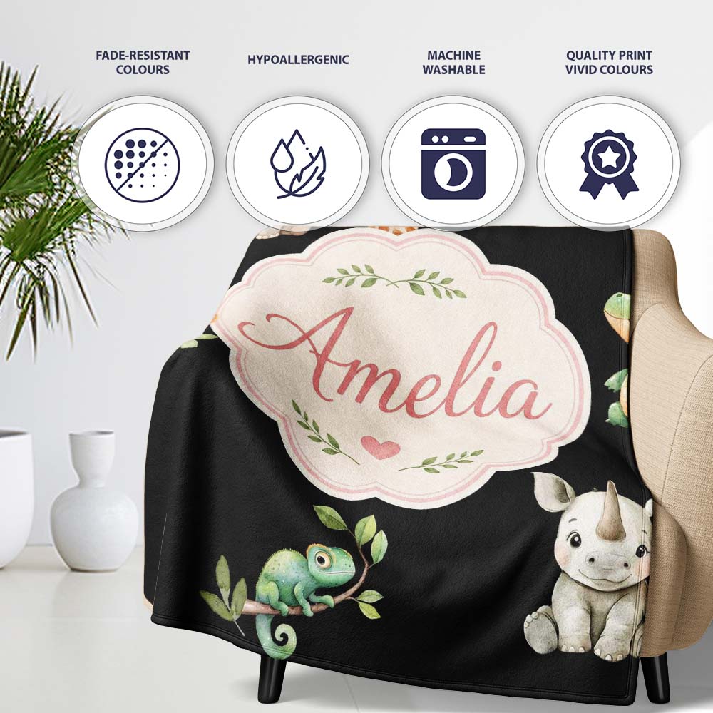 Safari Animals with Elephant Lion and Crocodile on Light Grey Lovely  Personalised Custom Name Super Soft Fleece Blanket Bed Sofa Throw