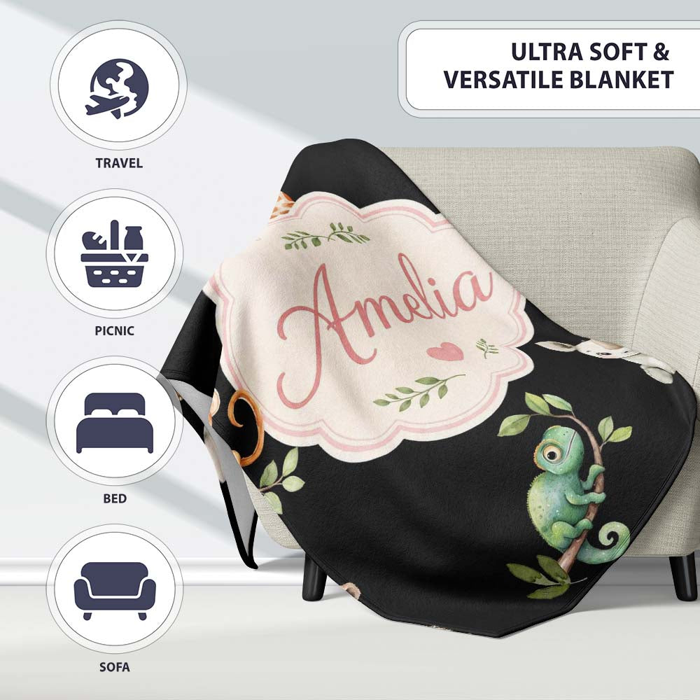 Safari Animals with Elephant Lion and Crocodile on Light Grey Lovely  Personalised Custom Name Super Soft Fleece Blanket Bed Sofa Throw