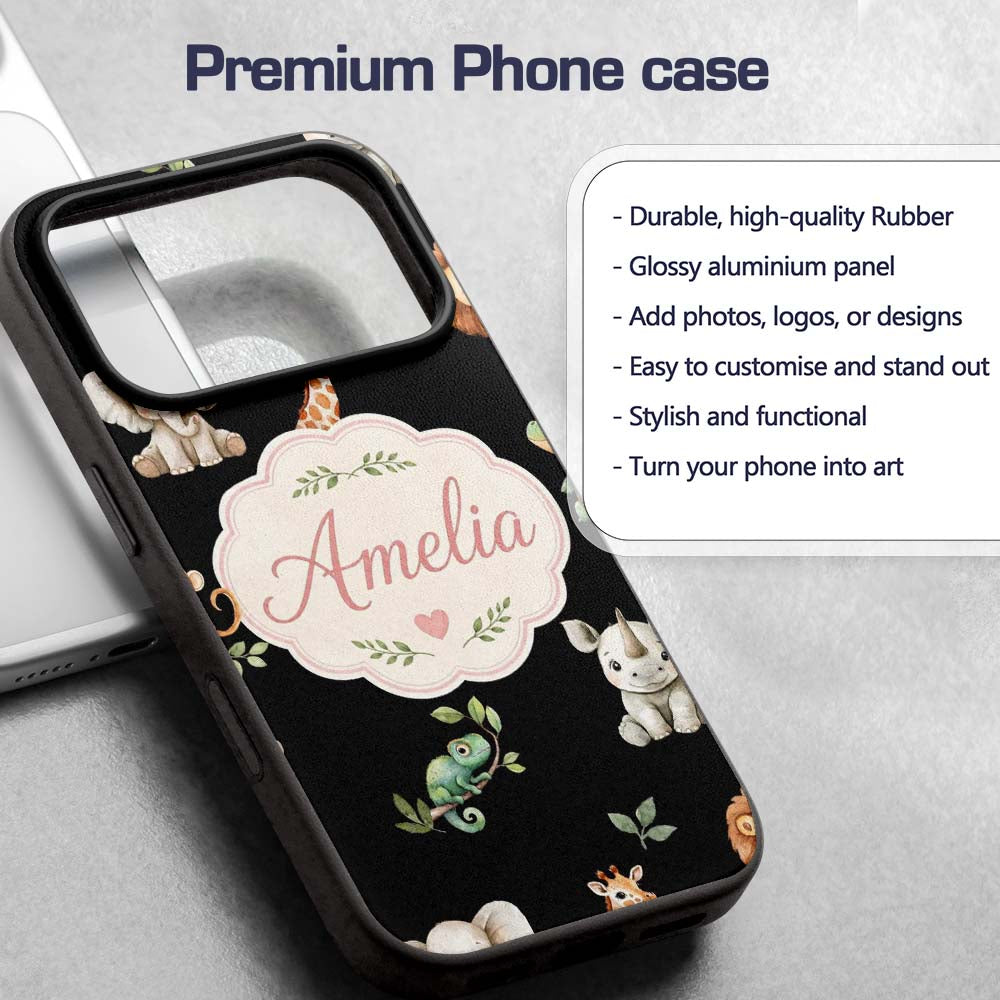 Safari Animals with Elephant Lion and Crocodile Custom Name Protective Phone Case Mobile Cover Durable Everyday Smartphone Shock Resistant