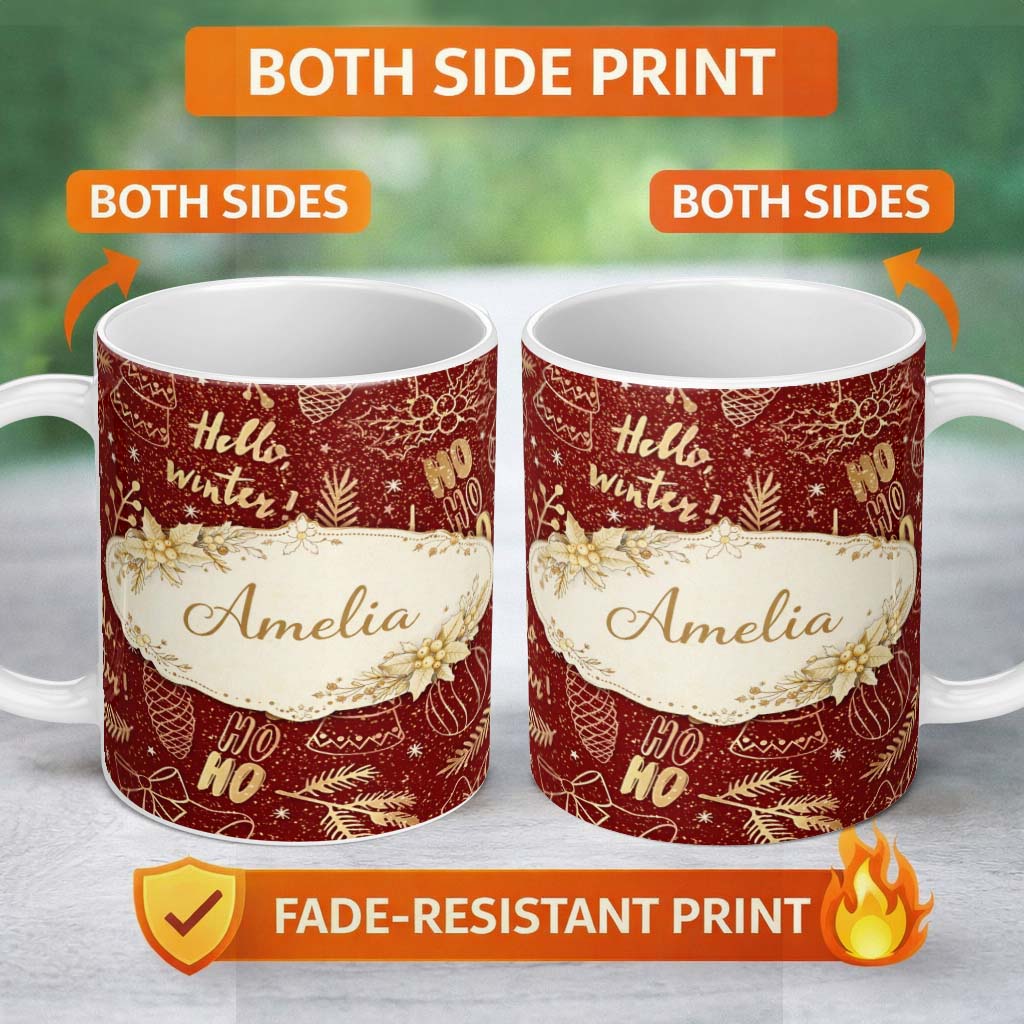 Personalized Custom Name Christmas Gold Foil Typography Bells Tree Festive Seamless Pattern 11oz Ceramic Coffee Tea Mug White Large Handle
