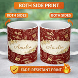 Personalized Custom Name Christmas Gold Foil Typography Bells Tree Festive Seamless Pattern 11oz Ceramic Coffee Tea Mug White Large Handle
