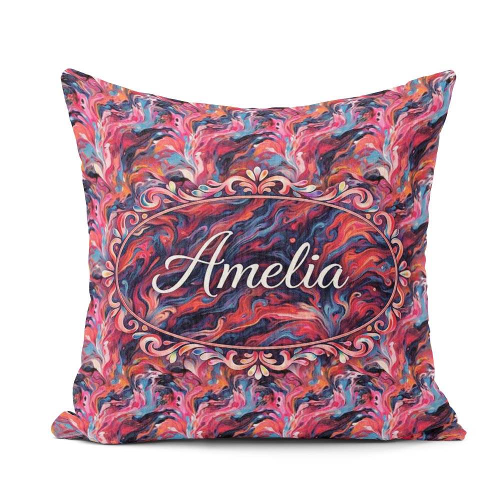 Custom Name Vibrant Fluid Marble Swirl Abstract Pink Blue Orange Square Filled Cushion Throw Pillow Sofa Bed Home Decor Zip Washable UK Made