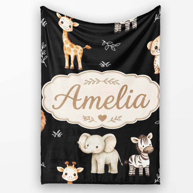 Safari Animals with Elephant Lion Cub and Elephant on Black Lovely  Personalised Custom Name Super Soft Fleece Blanket Bed Sofa Throw