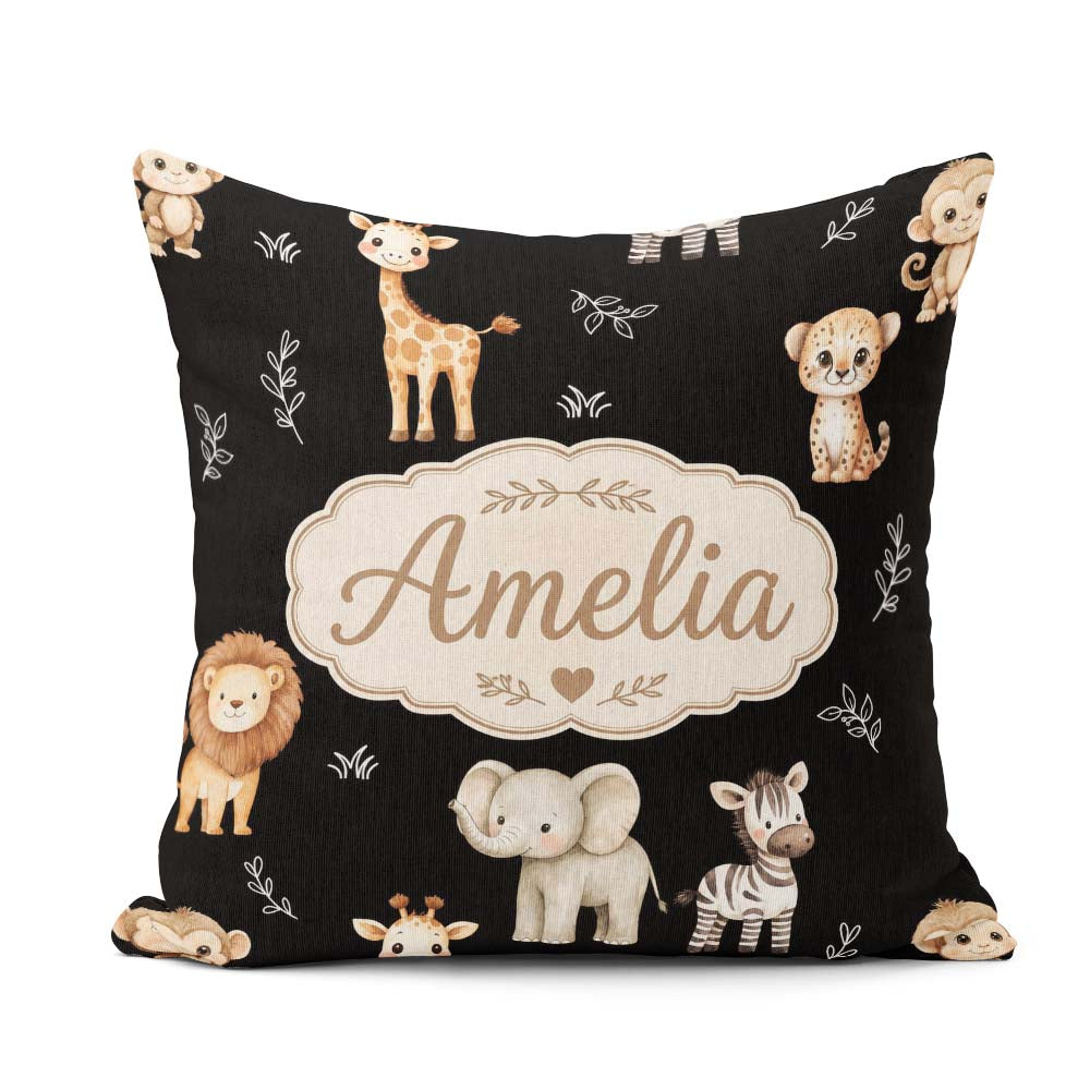 Custom Name Animals with Elephant Lion Cub and Elephant on Black Square Filled Cushion Throw Pillow Sofa Bed Home Decor Zip Washable UK Made