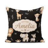 Custom Name Animals with Elephant Lion Cub and Elephant on Black Square Filled Cushion Throw Pillow Sofa Bed Home Decor Zip Washable UK Made
