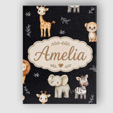 Personalised Name Safari Animals with Custom Modern Room Accent Creative Decorator Style Canvas Wall Art Print Decor Picture Ready to Hang