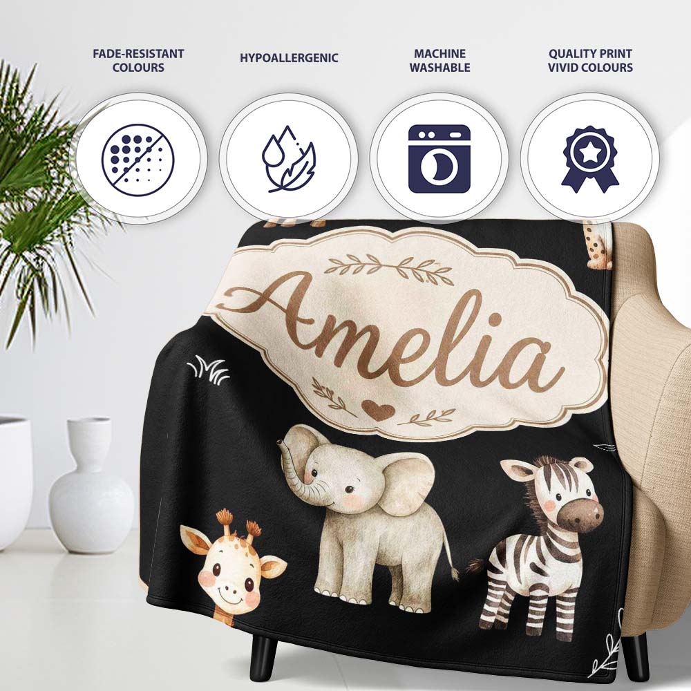 Safari Animals with Elephant Lion Cub and Elephant on Black Lovely  Personalised Custom Name Super Soft Fleece Blanket Bed Sofa Throw