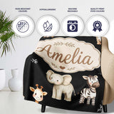 Safari Animals with Elephant Lion Cub and Elephant on Black Lovely  Personalised Custom Name Super Soft Fleece Blanket Bed Sofa Throw