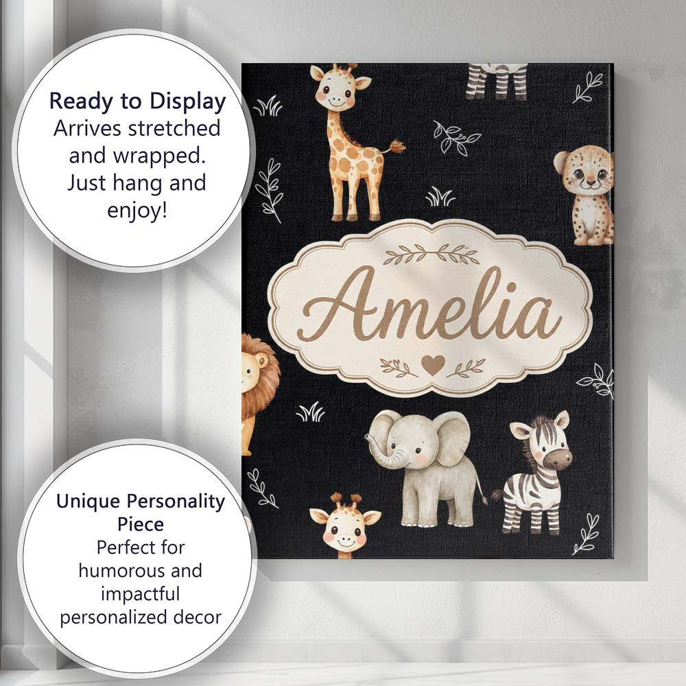 Personalised Name Safari Animals with Custom Modern Room Accent Creative Decorator Style Canvas Wall Art Print Decor Picture Ready to Hang
