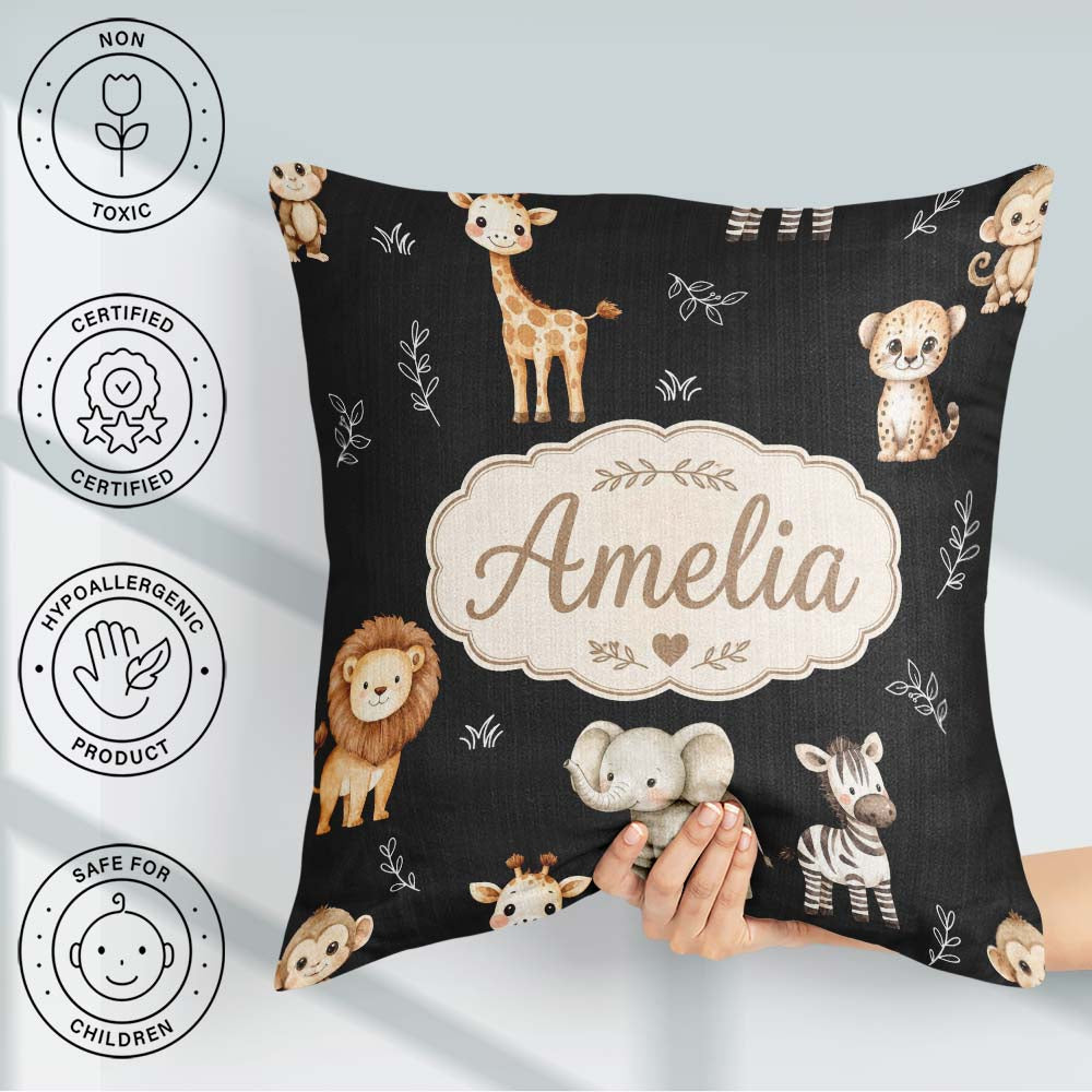 Custom Name Animals with Elephant Lion Cub and Elephant on Black Square Filled Cushion Throw Pillow Sofa Bed Home Decor Zip Washable UK Made