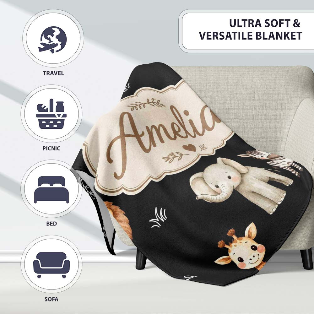 Safari Animals with Elephant Lion Cub and Elephant on Black Lovely  Personalised Custom Name Super Soft Fleece Blanket Bed Sofa Throw