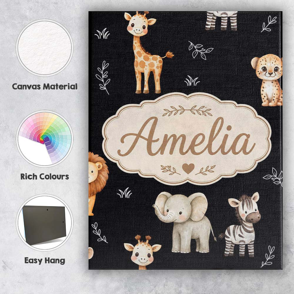 Personalised Name Safari Animals with Custom Modern Room Accent Creative Decorator Style Canvas Wall Art Print Decor Picture Ready to Hang