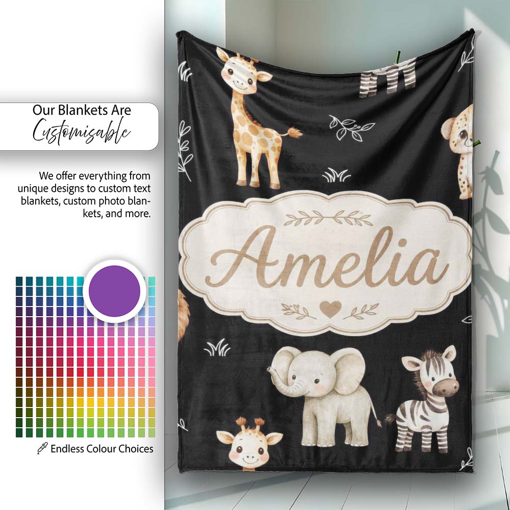 Safari Animals with Elephant Lion Cub and Elephant on Black Lovely  Personalised Custom Name Super Soft Fleece Blanket Bed Sofa Throw