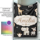 Safari Animals with Elephant Lion Cub and Elephant on Black Lovely  Personalised Custom Name Super Soft Fleece Blanket Bed Sofa Throw