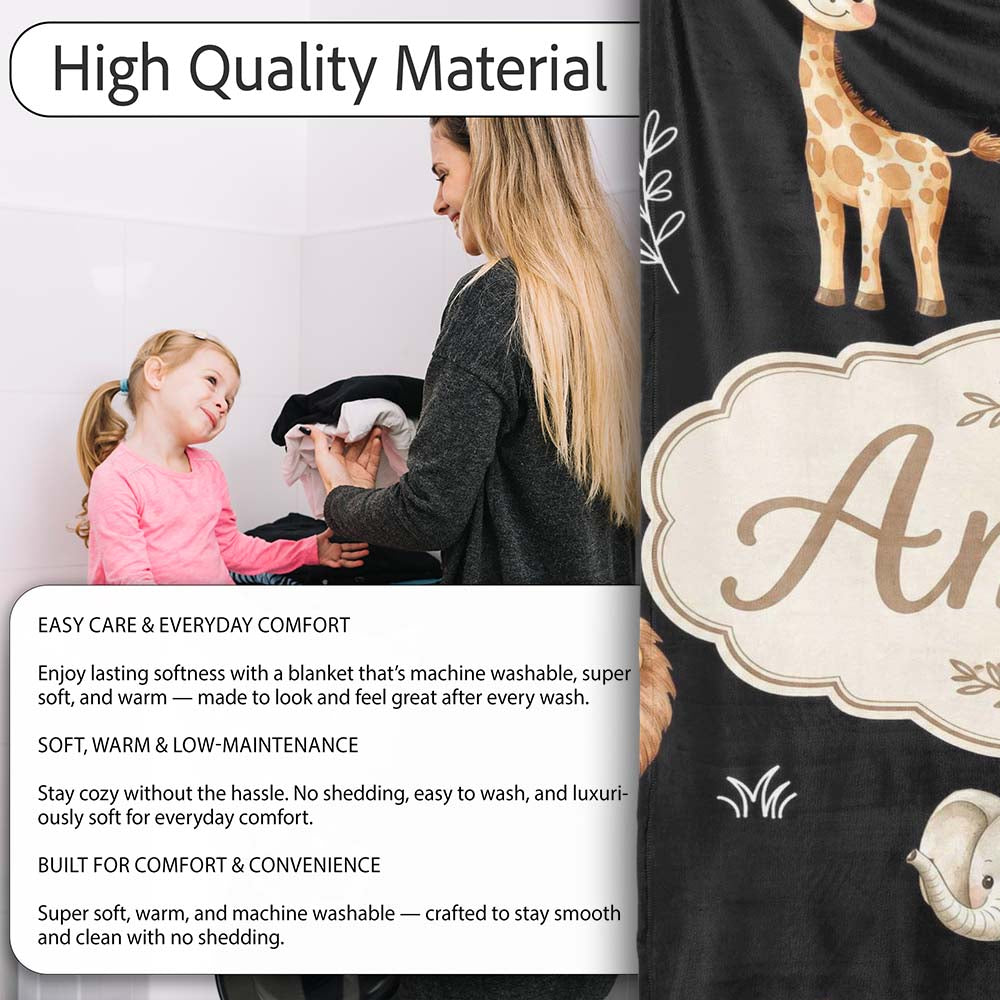 Safari Animals with Elephant Lion Cub and Elephant on Black Lovely  Personalised Custom Name Super Soft Fleece Blanket Bed Sofa Throw