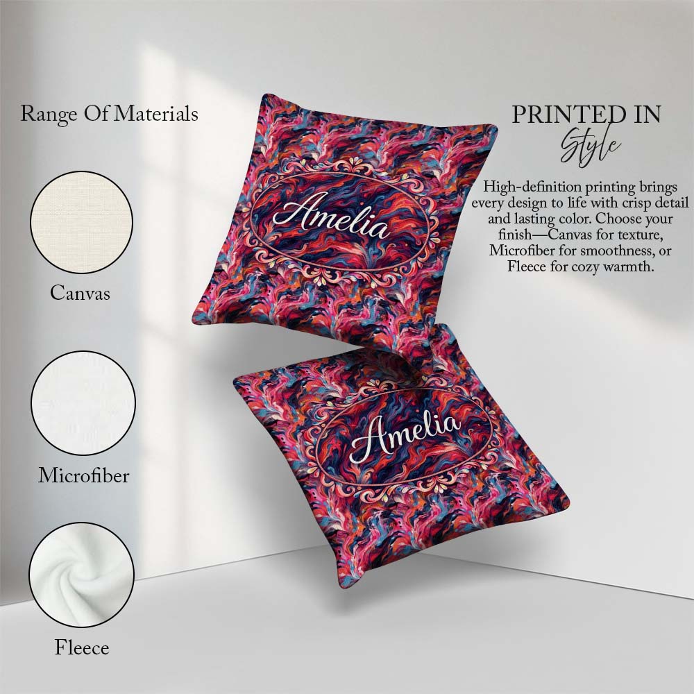 Custom Name Vibrant Fluid Marble Swirl Abstract Pink Blue Orange Square Filled Cushion Throw Pillow Sofa Bed Home Decor Zip Washable UK Made