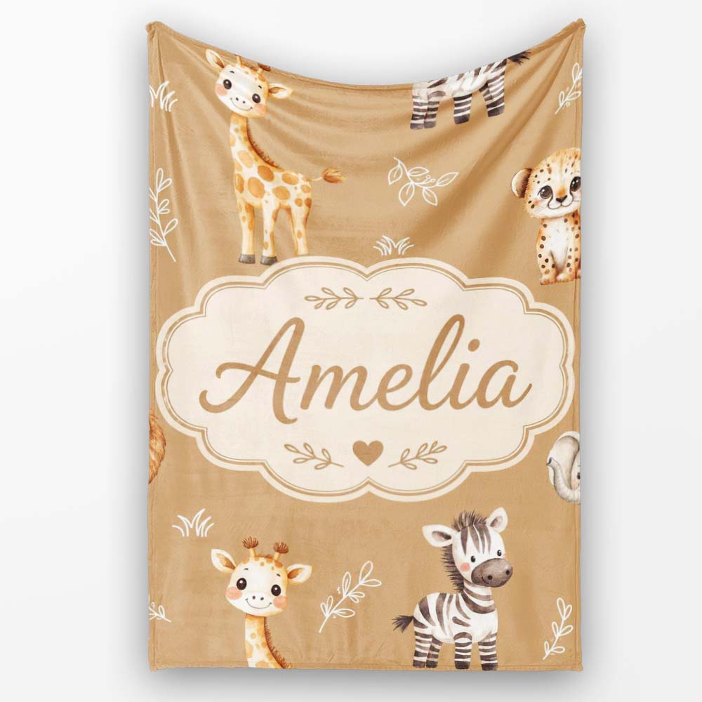 Safari Animals with Elephant Lion Cub and Elephant on Warm Brown  Personalised Custom Name Super Soft Fleece Blanket Bed Sofa Throw