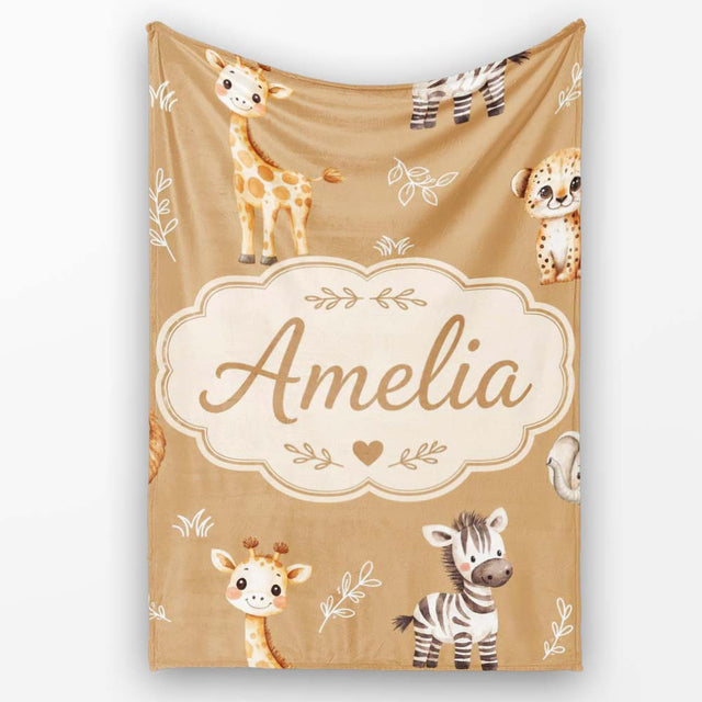 Safari Animals with Elephant Lion Cub and Elephant on Warm Brown  Personalised Custom Name Super Soft Fleece Blanket Bed Sofa Throw