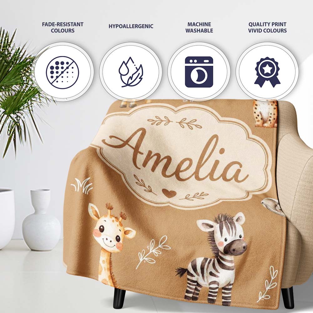 Safari Animals with Elephant Lion Cub and Elephant on Warm Brown  Personalised Custom Name Super Soft Fleece Blanket Bed Sofa Throw