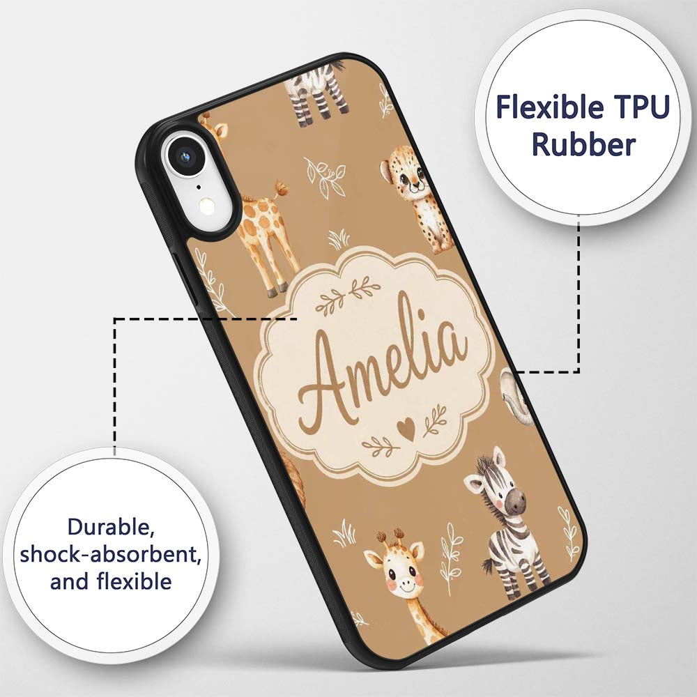 Safari Animals with Elephant Lion Printed Design Custom Name Protective Phone Case Mobile Cover Durable Everyday Smartphone Shock Resistant