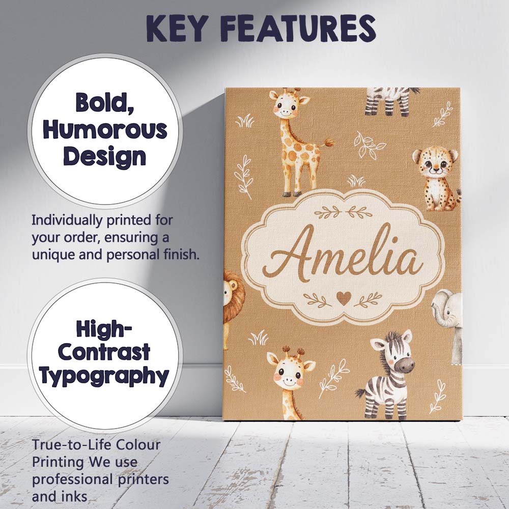 Personalised Name Safari Animals with Custom Modern Room Accent Creative Decorator Style Canvas Wall Art Print Decor Picture Ready to Hang