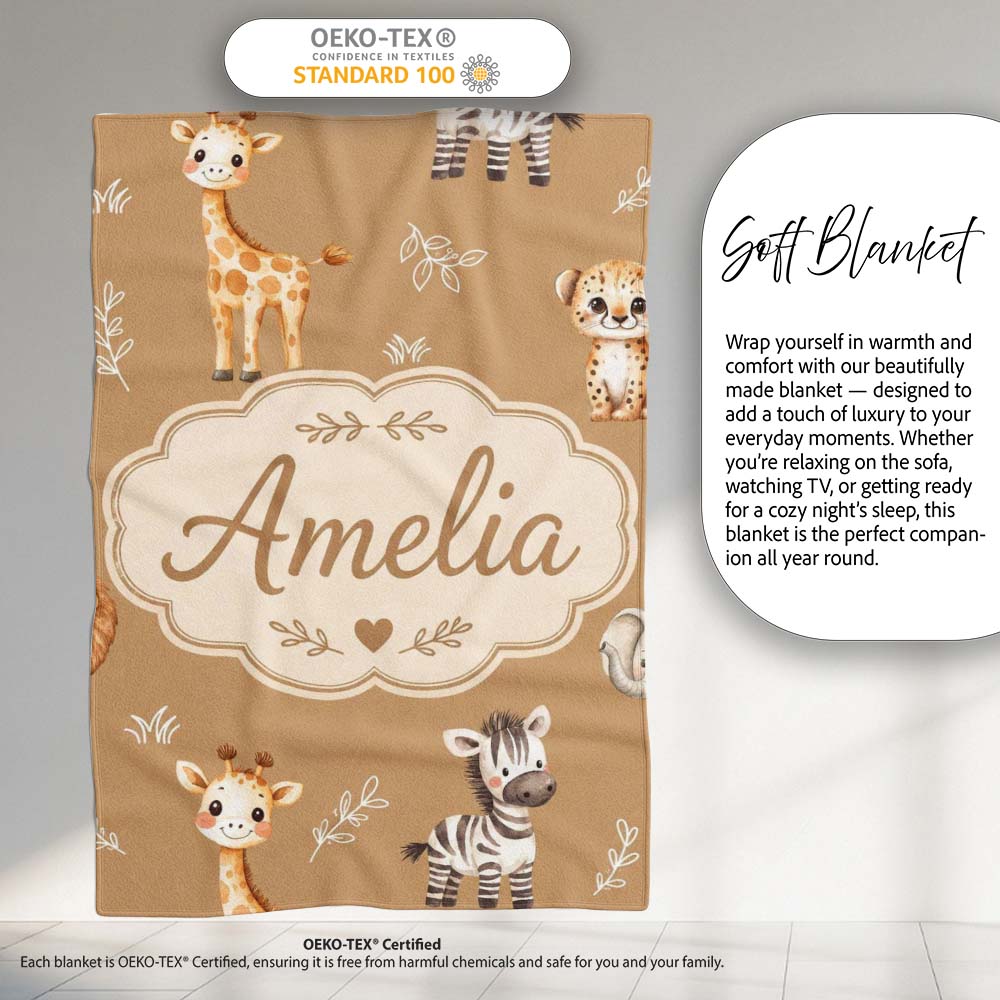 Safari Animals with Elephant Lion Cub and Elephant on Warm Brown  Personalised Custom Name Super Soft Fleece Blanket Bed Sofa Throw