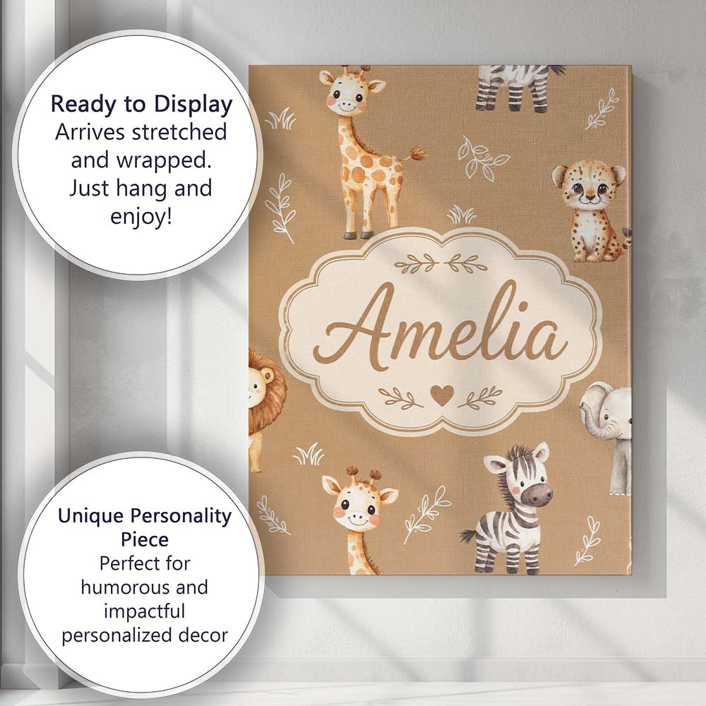 Personalised Name Safari Animals with Custom Modern Room Accent Creative Decorator Style Canvas Wall Art Print Decor Picture Ready to Hang