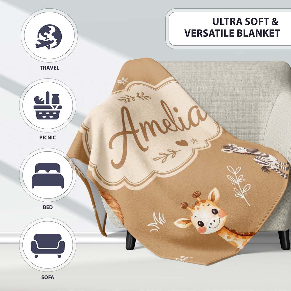 Safari Animals with Elephant Lion Cub and Elephant on Warm Brown  Personalised Custom Name Super Soft Fleece Blanket Bed Sofa Throw