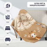 Safari Animals with Elephant Lion Cub and Elephant on Warm Brown  Personalised Custom Name Super Soft Fleece Blanket Bed Sofa Throw