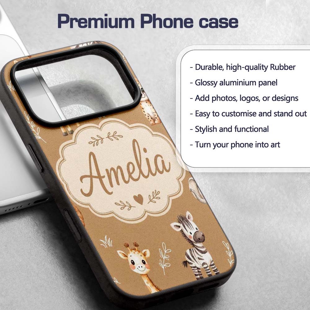 Safari Animals with Elephant Lion Printed Design Custom Name Protective Phone Case Mobile Cover Durable Everyday Smartphone Shock Resistant