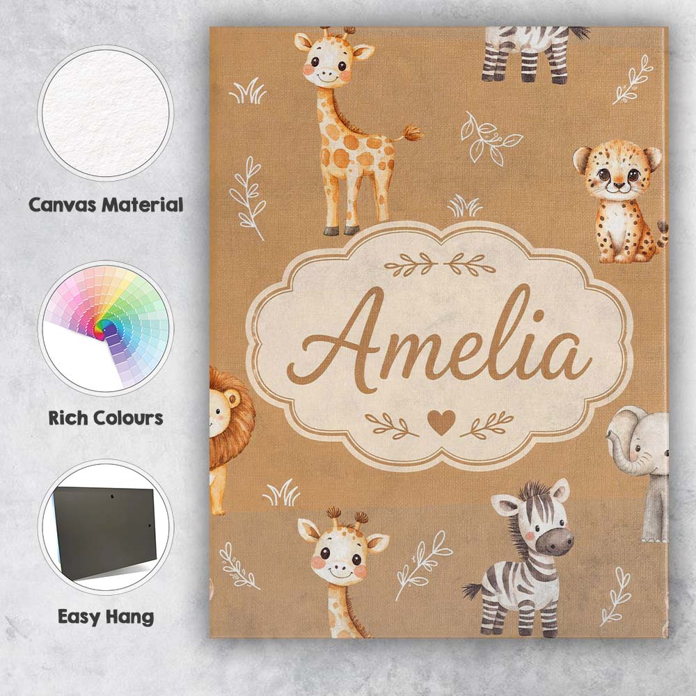 Personalised Name Safari Animals with Custom Modern Room Accent Creative Decorator Style Canvas Wall Art Print Decor Picture Ready to Hang