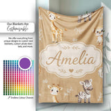 Safari Animals with Elephant Lion Cub and Elephant on Warm Brown  Personalised Custom Name Super Soft Fleece Blanket Bed Sofa Throw