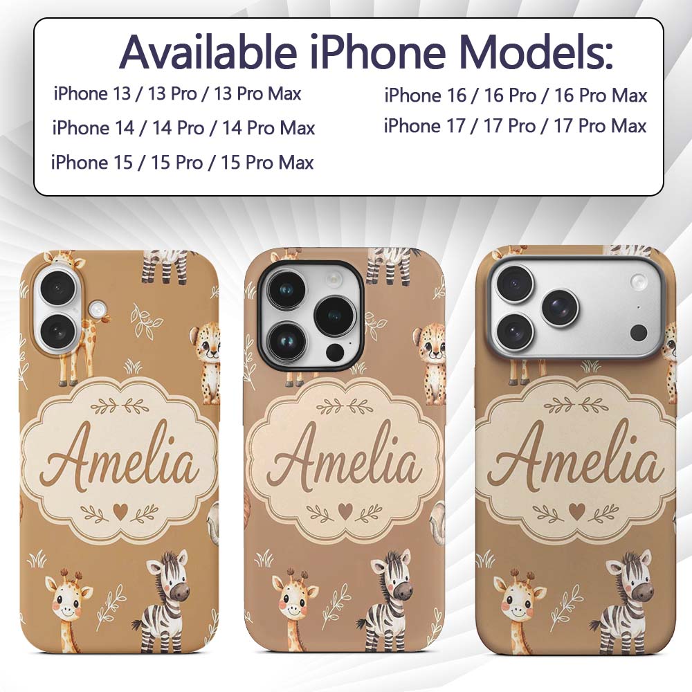 Safari Animals with Elephant Lion Printed Design Custom Name Protective Phone Case Mobile Cover Durable Everyday Smartphone Shock Resistant