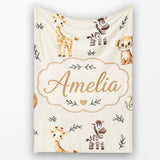 Safari Animals with Elephant Lion and Leopard Cub on Soft Sage  Personalised Custom Name Super Soft Fleece Blanket Bed Sofa Throw