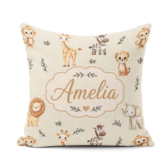 Custom Name Safari Animals with Elephant Lion and Leopard Cub on Square Filled Cushion Throw Pillow Sofa Bed Home Decor Zip Washable UK Made