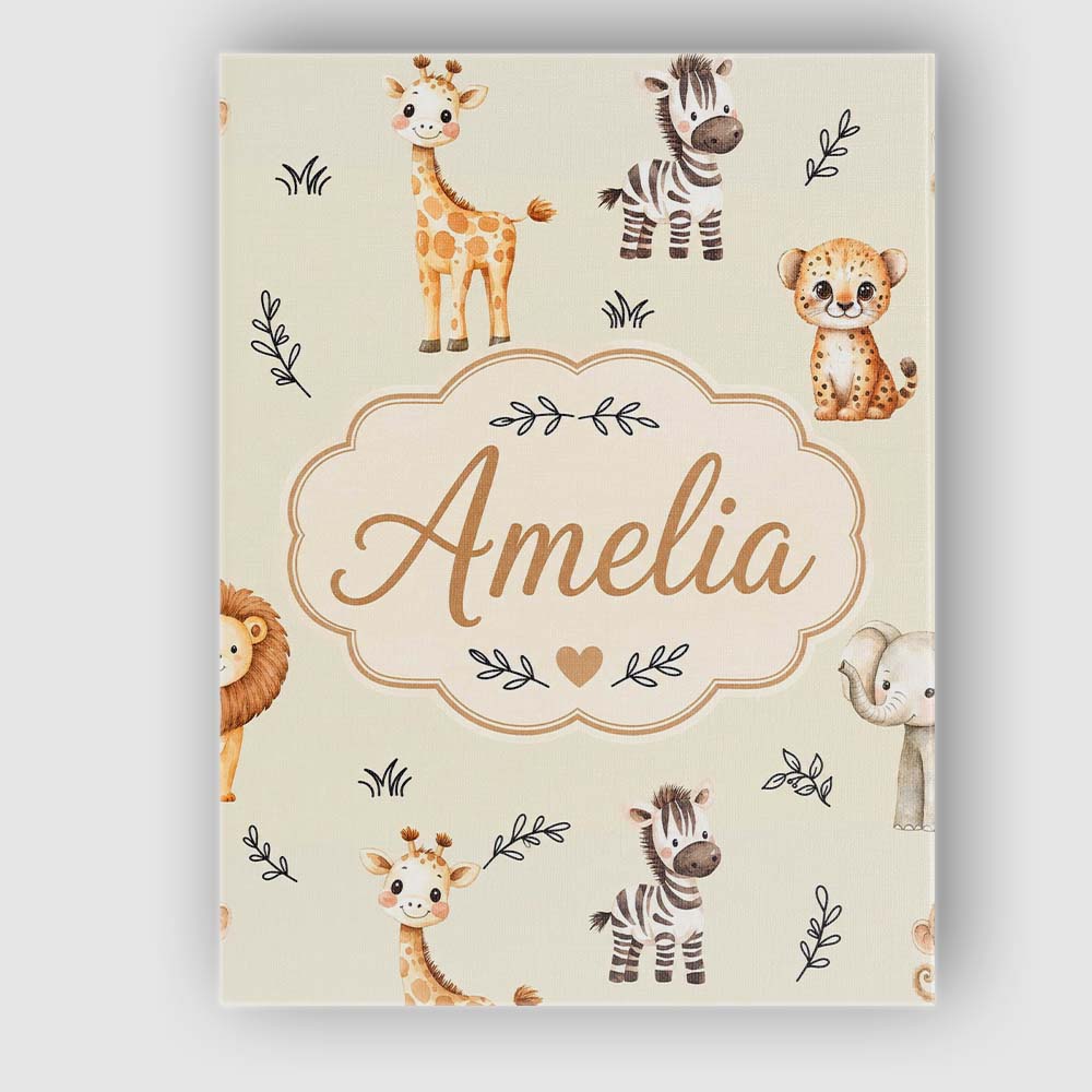 Personalised Name Safari Animals with Custom Modern Room Accent Creative Decorator Style Canvas Wall Art Print Decor Picture Ready to Hang