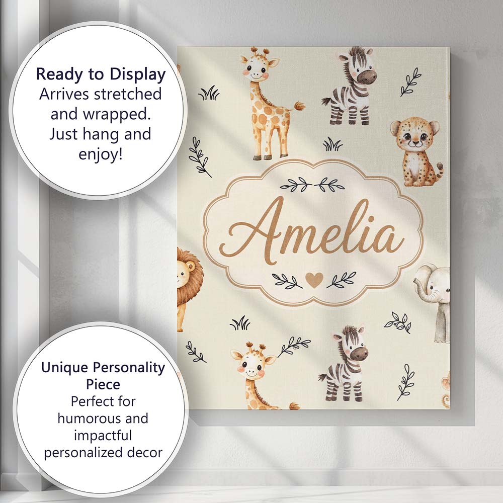 Personalised Name Safari Animals with Custom Modern Room Accent Creative Decorator Style Canvas Wall Art Print Decor Picture Ready to Hang