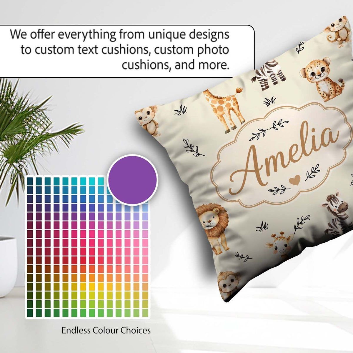 Custom Name Safari Animals with Elephant Lion and Leopard Cub on Square Filled Cushion Throw Pillow Sofa Bed Home Decor Zip Washable UK Made