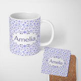 Personalized Custom Name Purple Floral Meadow Seamless Pattern Simple Botanical Repeat Design 11oz Ceramic Coffee Tea Mug White Large Handle