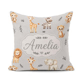 Custom Name Safari Animals with Elephant Lion and Leopard Cub on Square Filled Cushion Throw Pillow Sofa Bed Home Decor Zip Washable UK Made