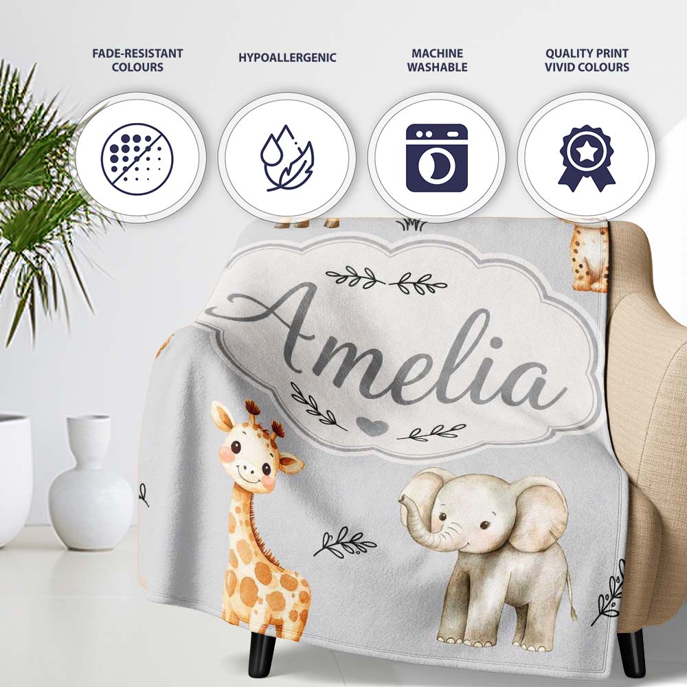 Safari Animals with Elephant Lion and Leopard Cub on Cool Grey  Personalised Custom Name Super Soft Fleece Blanket Bed Sofa Throw