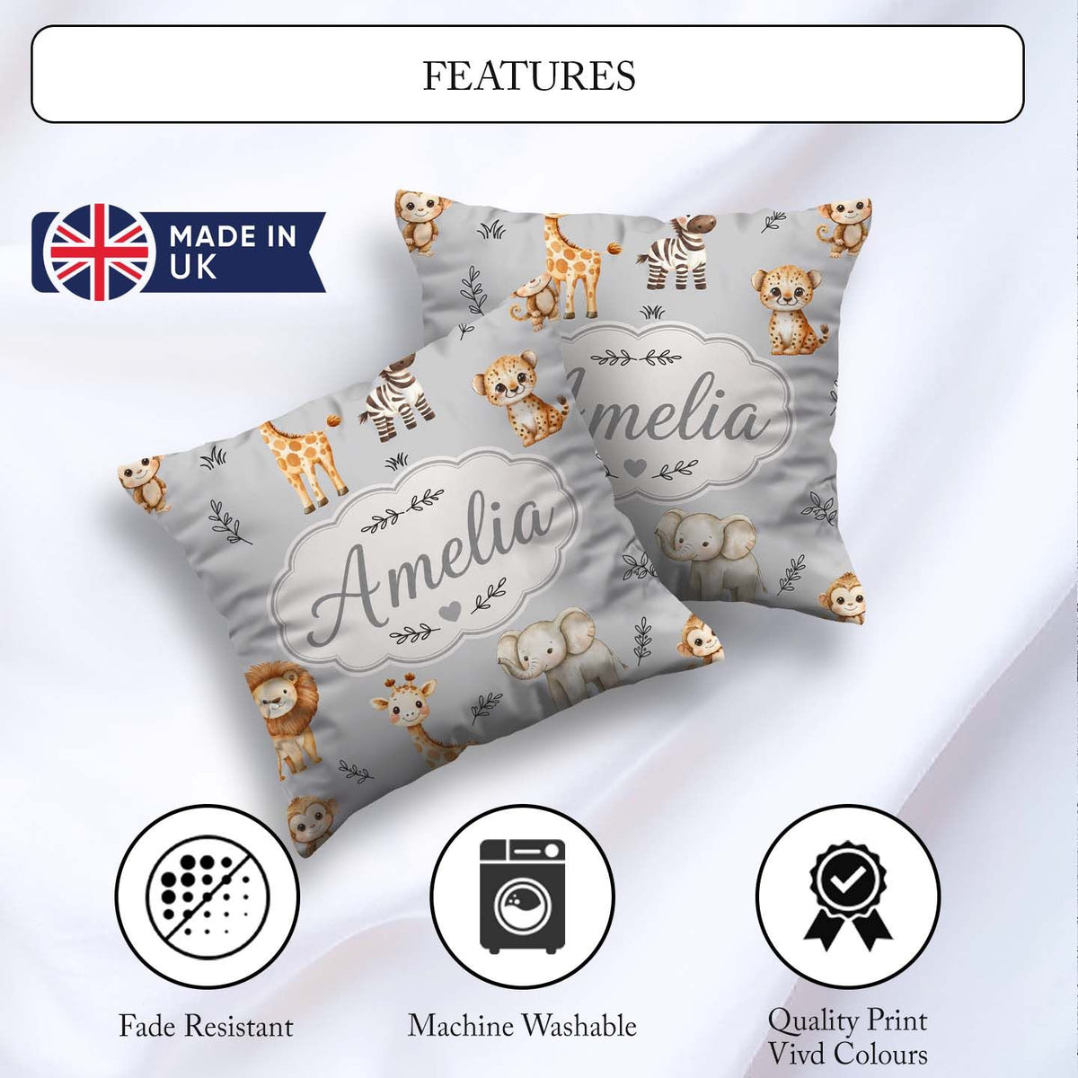 Custom Name Safari Animals with Elephant Lion and Leopard Cub on Square Filled Cushion Throw Pillow Sofa Bed Home Decor Zip Washable UK Made