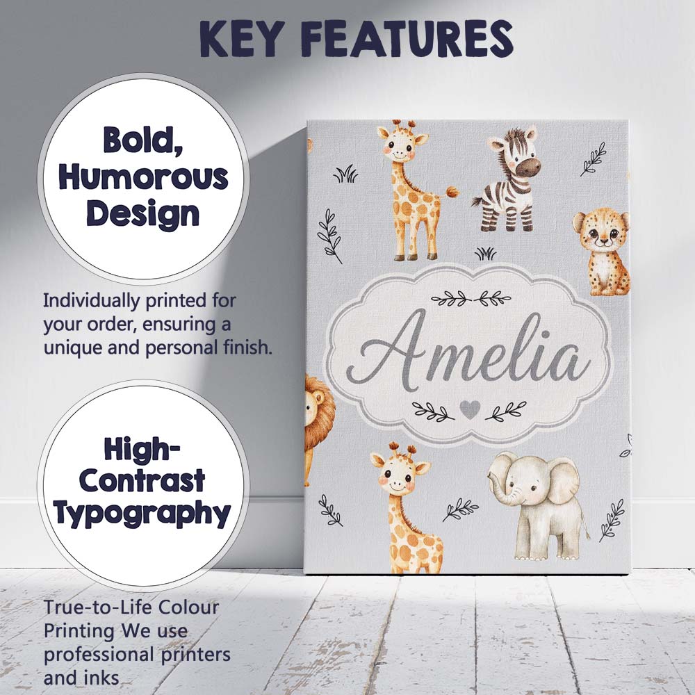 Personalised Name Safari Animals with Custom Modern Room Accent Creative Decorator Style Canvas Wall Art Print Decor Picture Ready to Hang