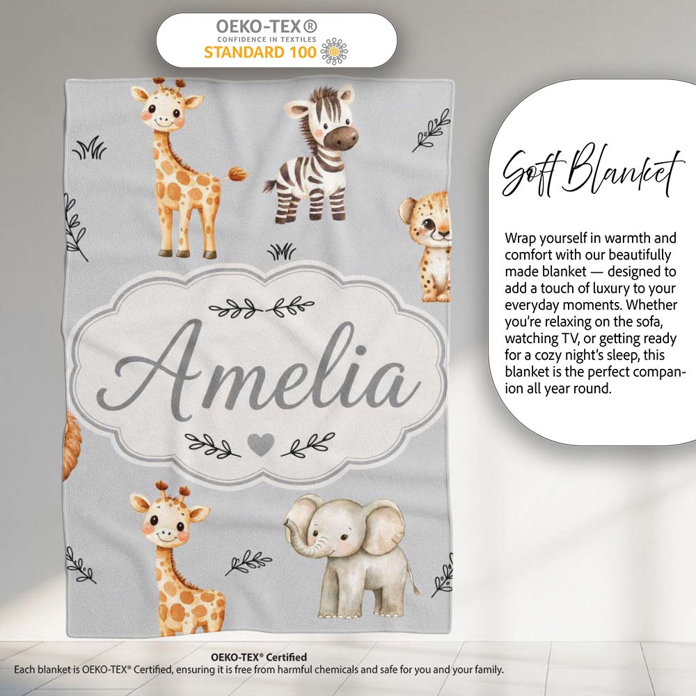 Safari Animals with Elephant Lion and Leopard Cub on Cool Grey  Personalised Custom Name Super Soft Fleece Blanket Bed Sofa Throw